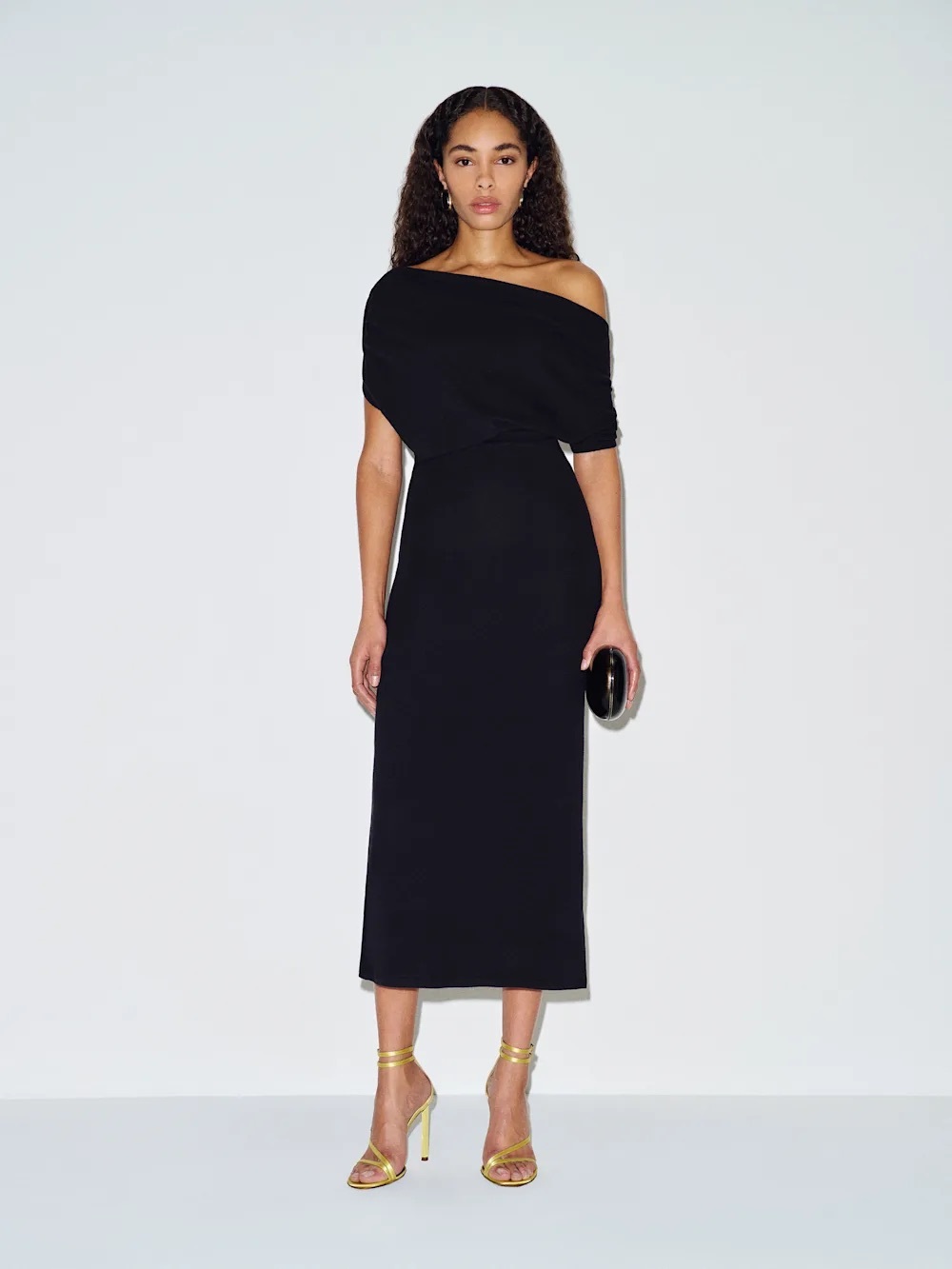 Reformation Iris draped off shoulder knit midi dress in black